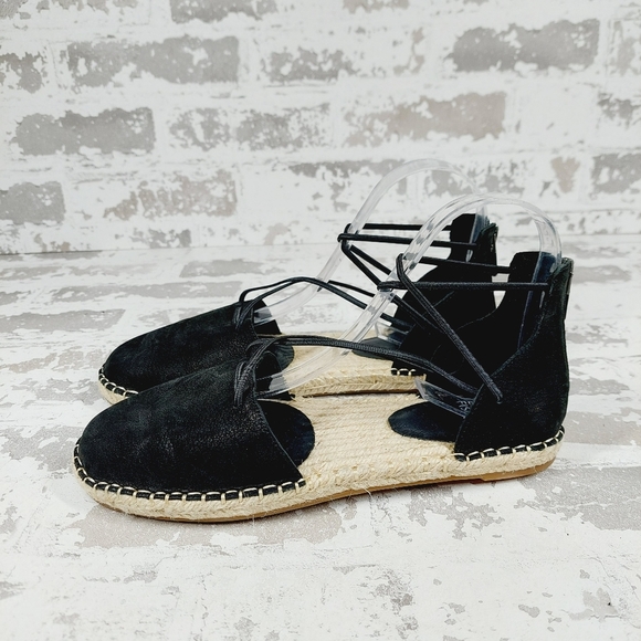NEW Eileen Fisher Black Leather Lace Up Round Toe Espadrille Sandals K462 - Picture 1 of 11